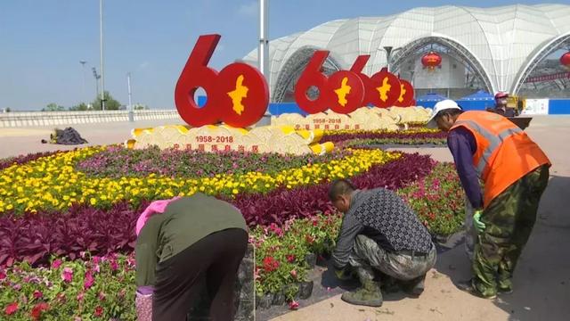 贺兰山体育场立体花坛盛装迎接自治区60大庆！